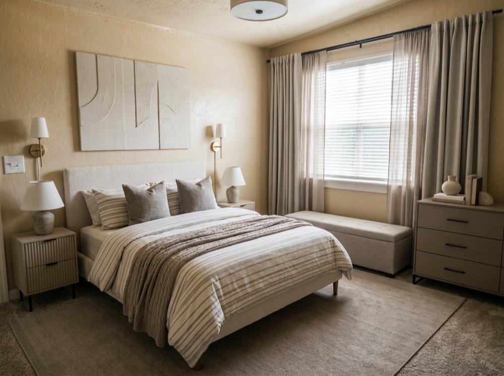 After: the same bedroom rendered by the Lilita's Studio system, window and walls preserved