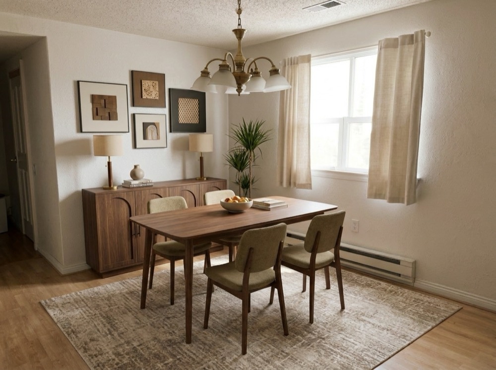 After: the same dining room rendered by the Lilita's Studio system, chandelier and walls preserved