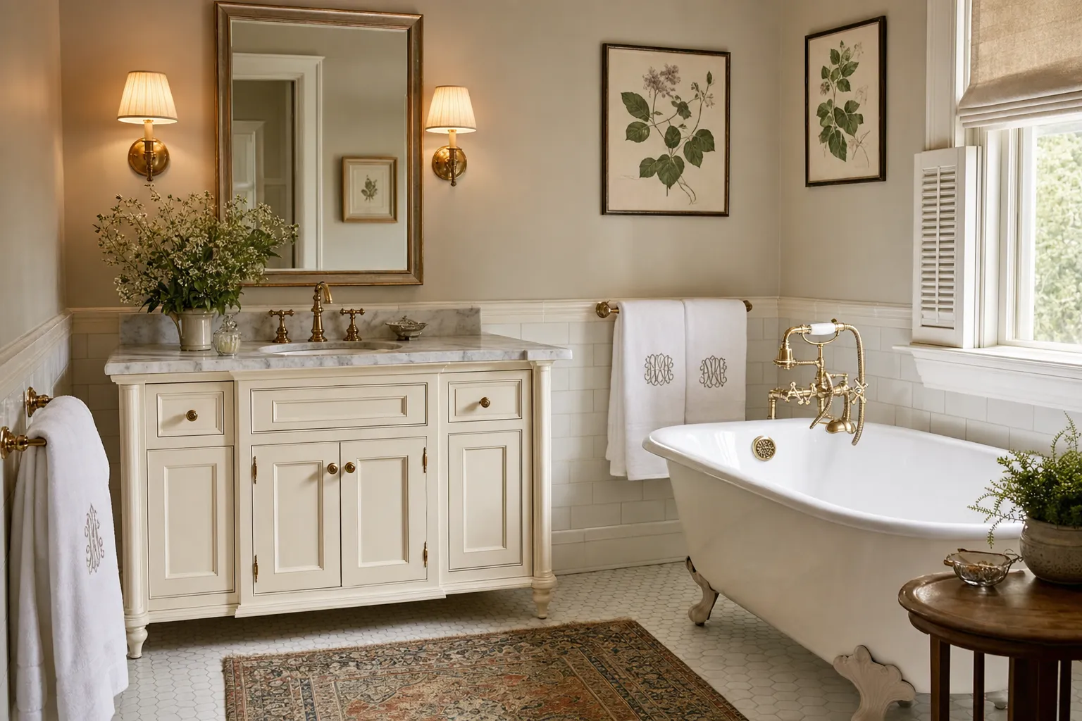 A classic bathroom with a furniture-style vanity, a framed mirror, brass sconces and a clawfoot tub