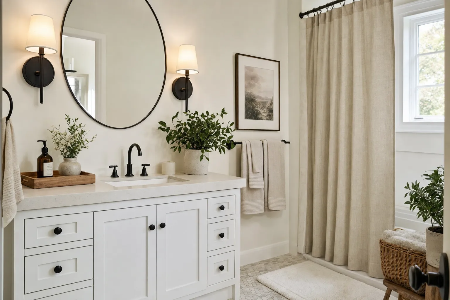 A decorated bathroom with a round mirror, two wall sconces, neutral towels and a styled vanity tray