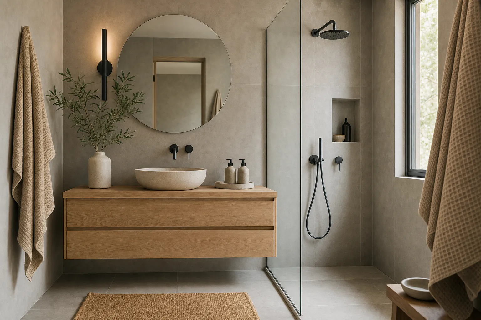 A warm modern bathroom with a floating oak vanity, a frameless round mirror and sand-colored towels