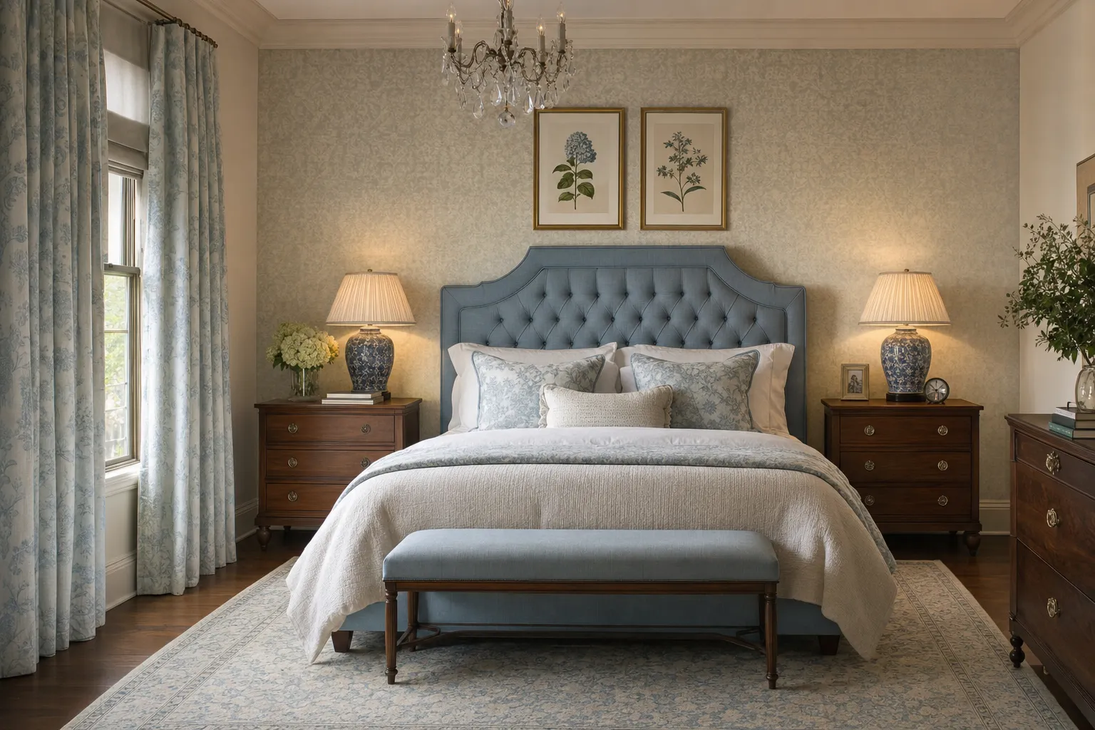 A classic bedroom with a tufted headboard, matching nightstands and framed botanical prints
