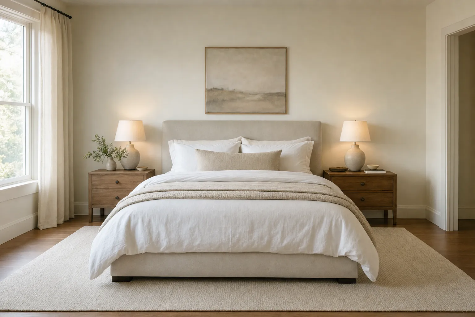 A restful bedroom with an upholstered headboard, matching nightstands and a large wool rug