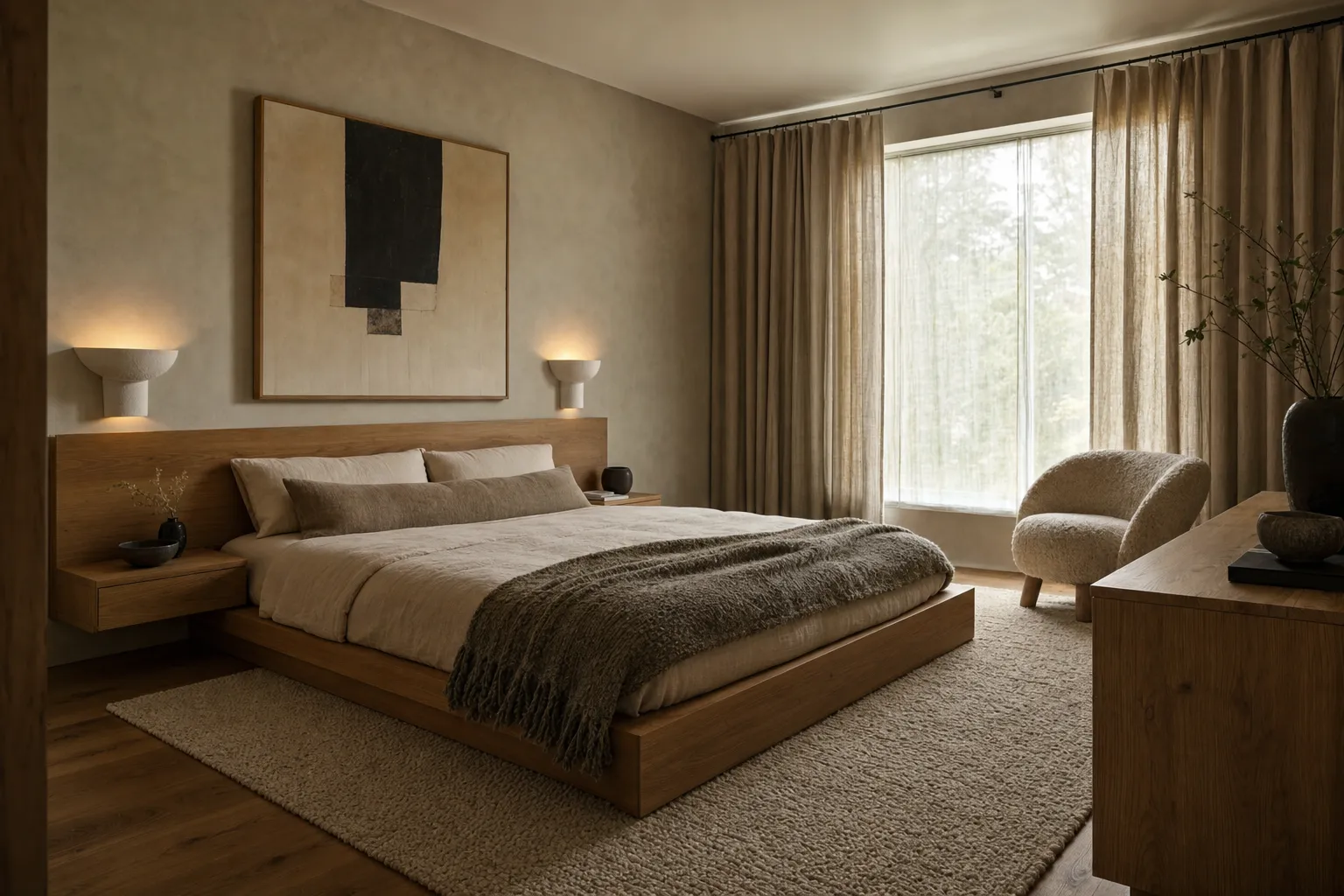 A warm modern bedroom with a low oak platform bed, plaster sconces and a limewash wall