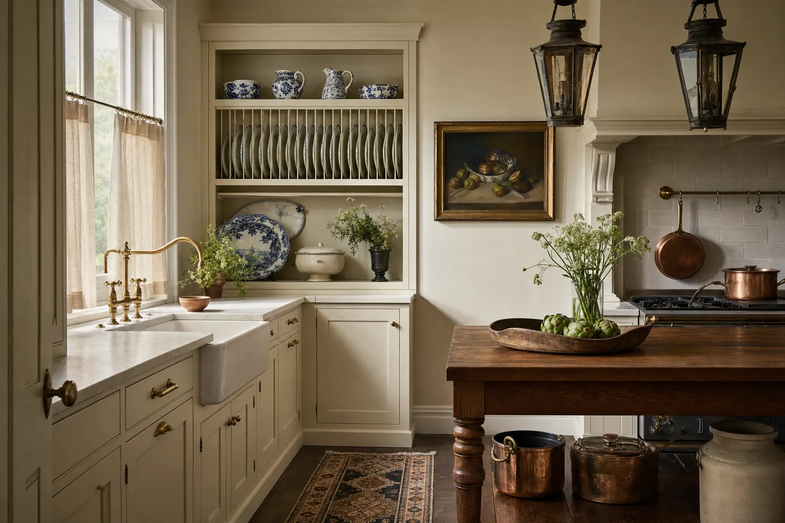 A classic kitchen with cream shaker cabinets, a farmhouse sink, a plate rack and lantern pendants
