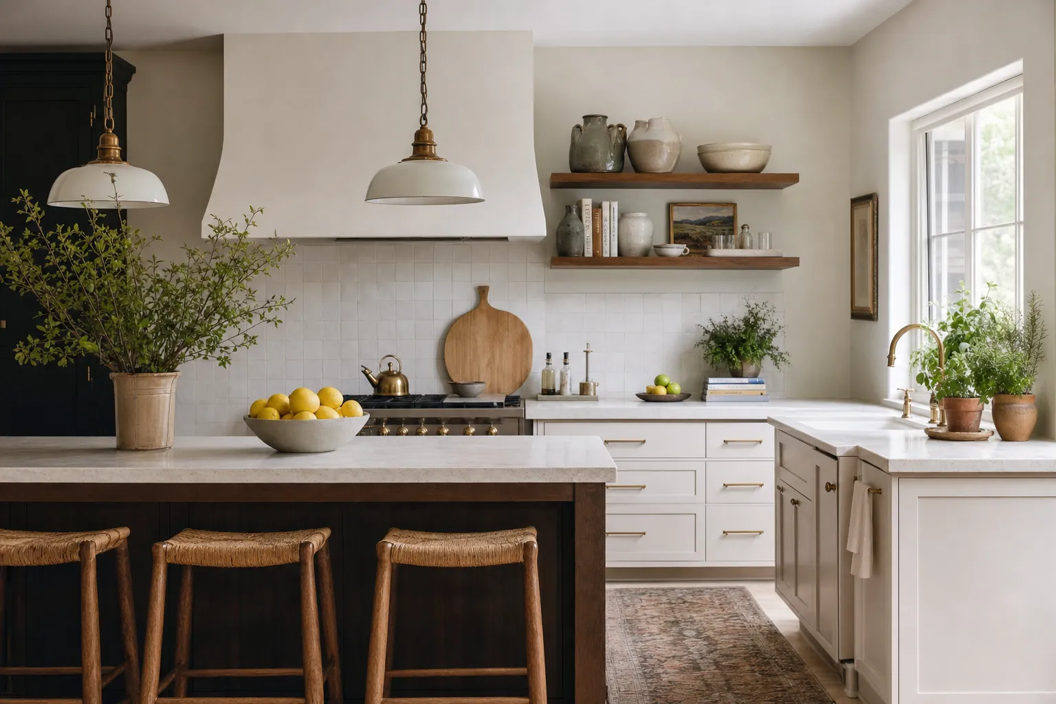 A decorated kitchen with open wood shelves, two pendants over an island with stools, and a runner rug