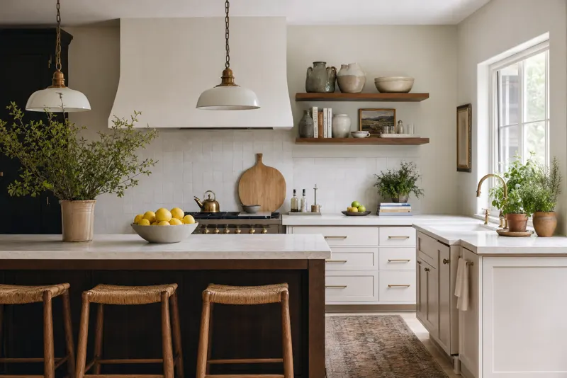 A decorated kitchen with open wood shelves, two pendants over an island with stools, and a runner rug