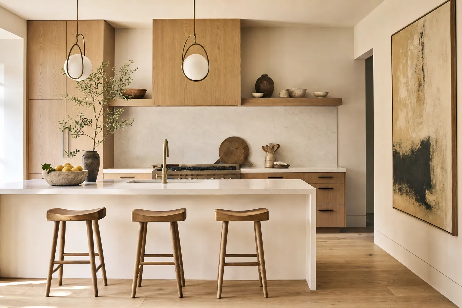 A warm modern kitchen with flat oak cabinets, a white island, globe pendants and simple wood stools