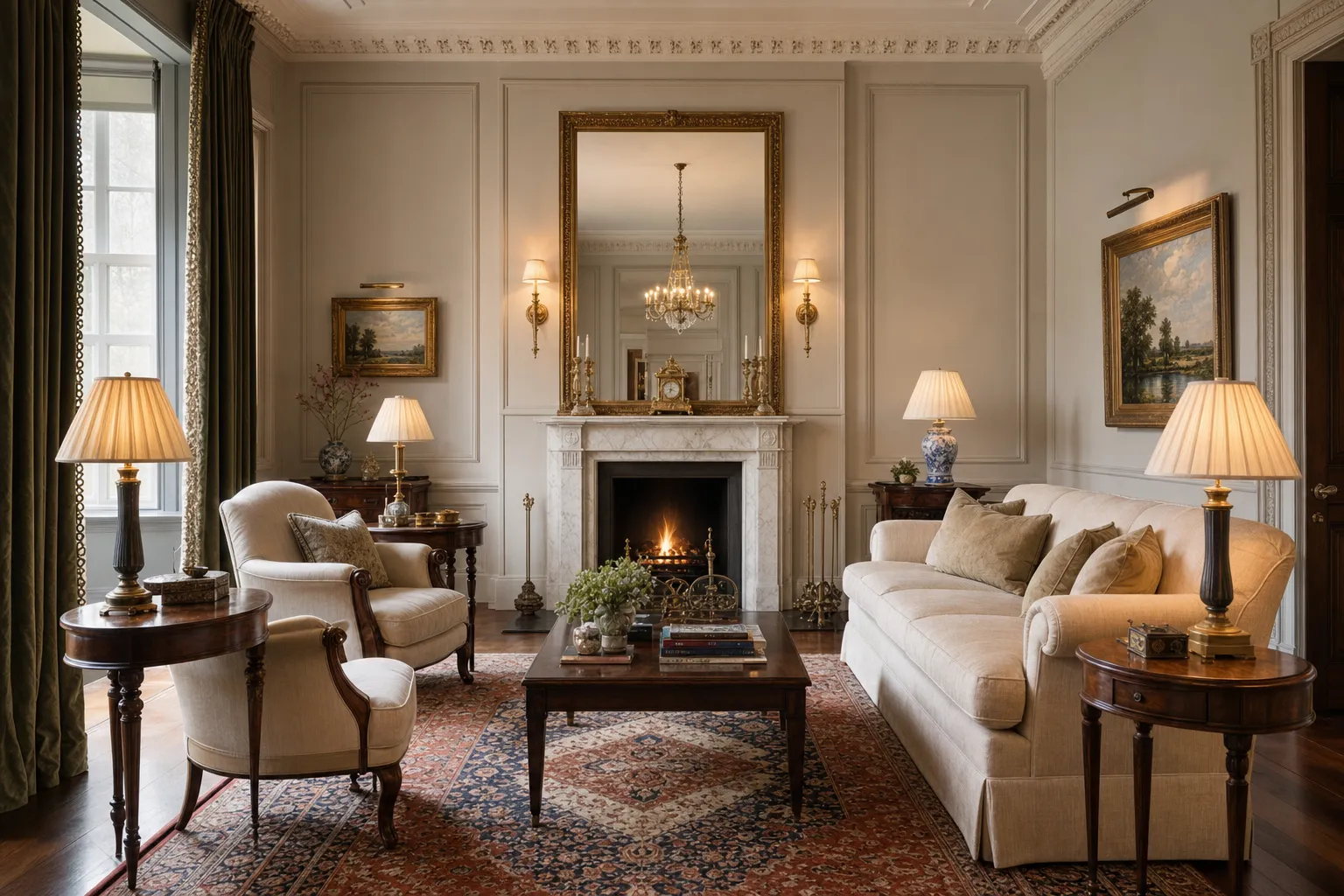 A classic living room arranged symmetrically around a marble fireplace with a gilt mirror