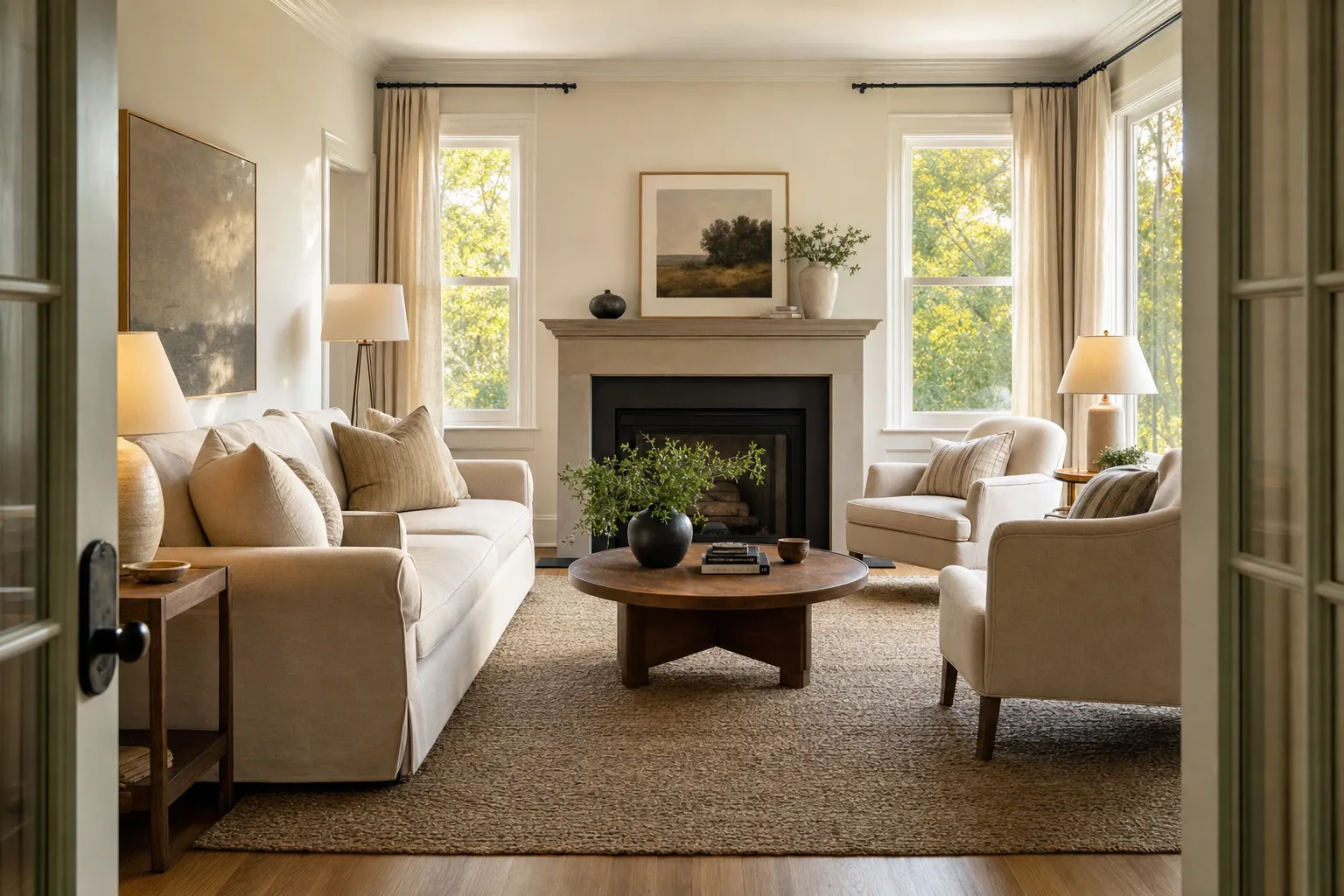 A welcoming living room with a linen sofa facing a fireplace, two armchairs and a large wool rug