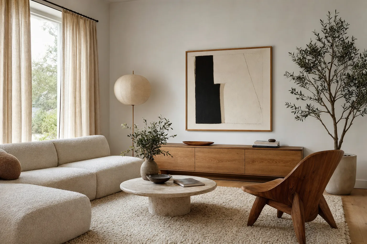 A warm modern living room with a low boucle sofa, a walnut lounge chair and a travertine table