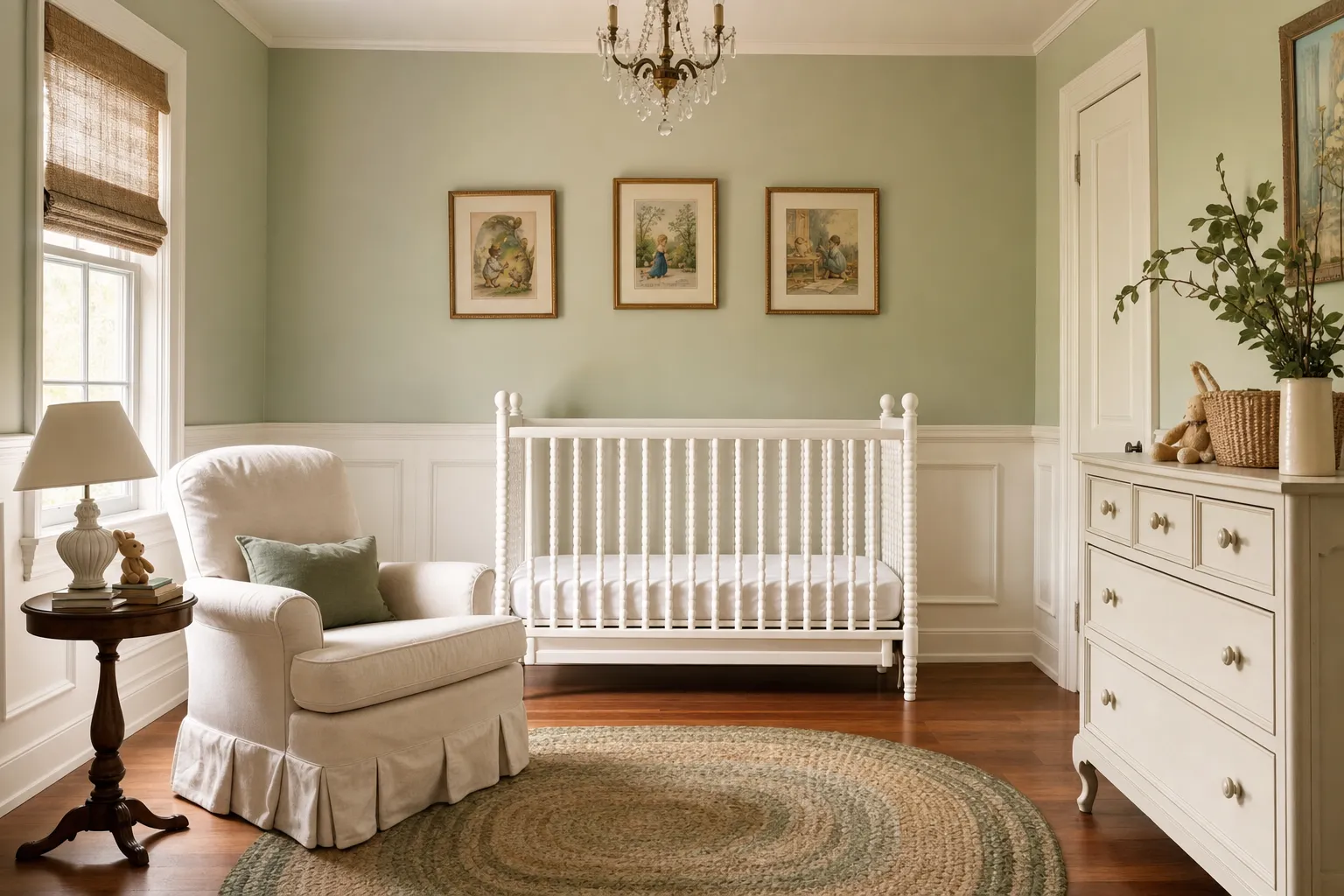 A classic nursery with sage green walls, white wainscoting, a spindle crib and framed storybook prints