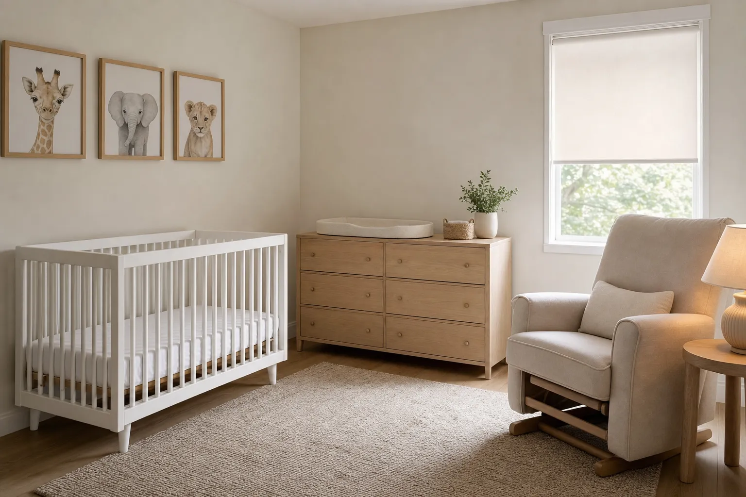 A calm nursery with a bare white crib away from the window, a glider with a lamp and a low dresser