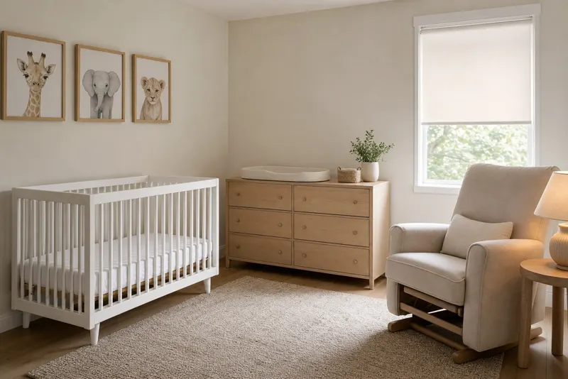 A calm nursery with a bare white crib away from the window, a glider with a lamp and a low dresser