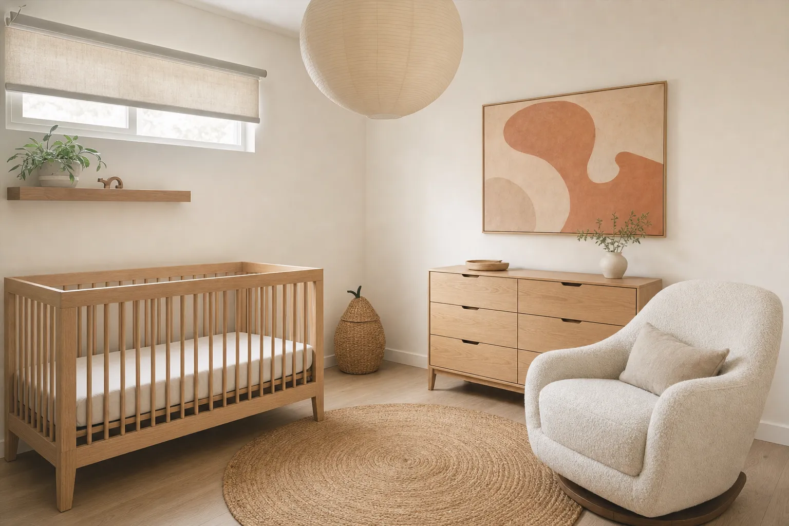 A warm modern nursery with a light oak crib, a boucle glider and a large abstract artwork