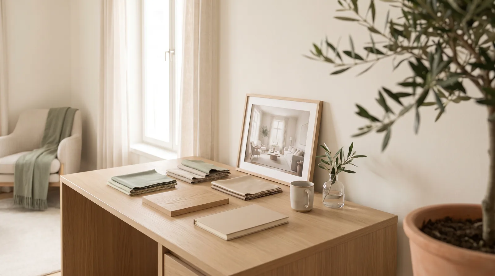 A small design desk by a window with fabric swatches and a printed room photo