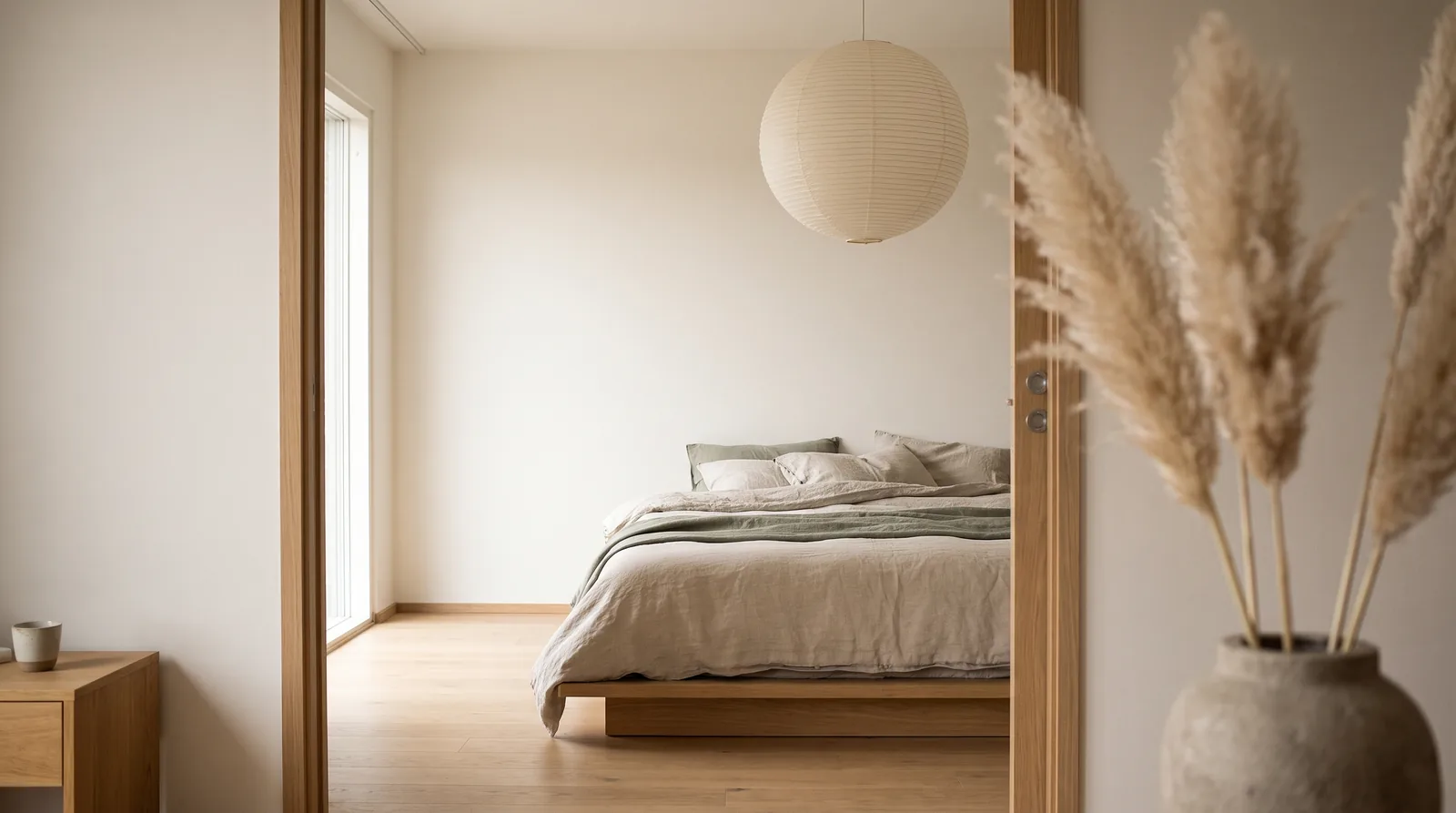 A calm bedroom seen through an open doorway, linen bedding in oatmeal and sage
