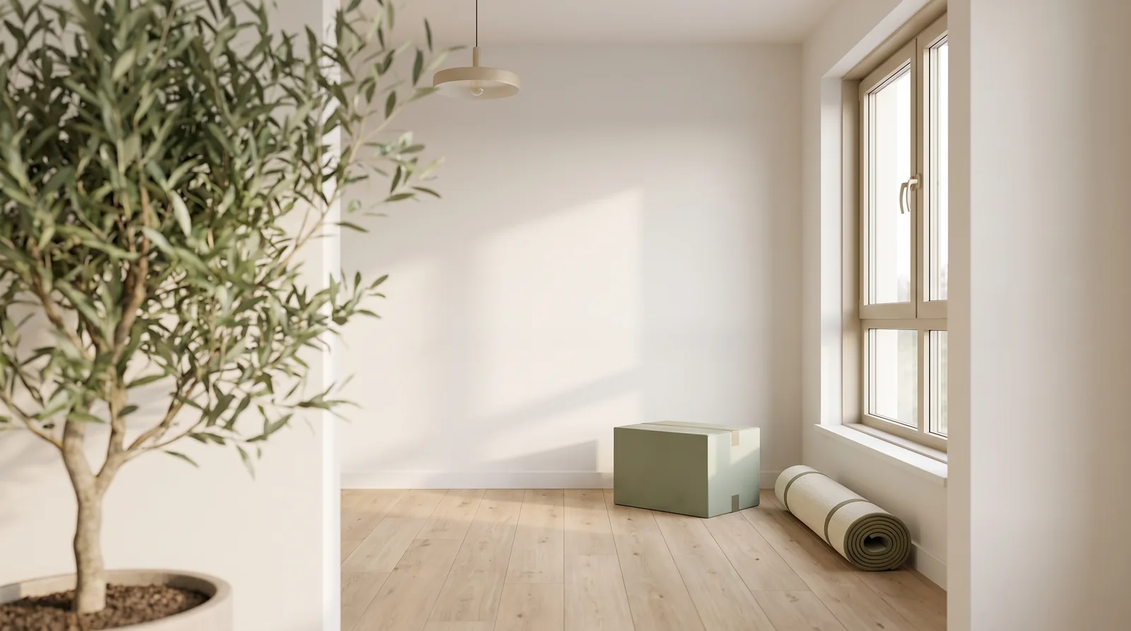 An empty sunlit room with a moving box and a rolled rug, ready to be designed