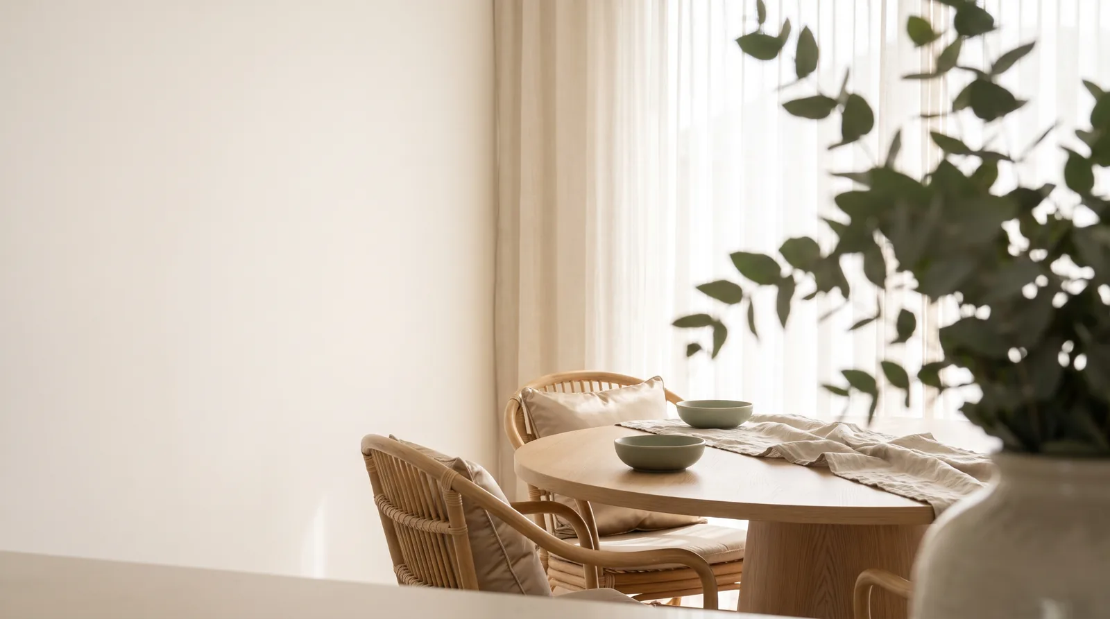 A warm dining nook with rattan chairs, an oak table and sage ceramics