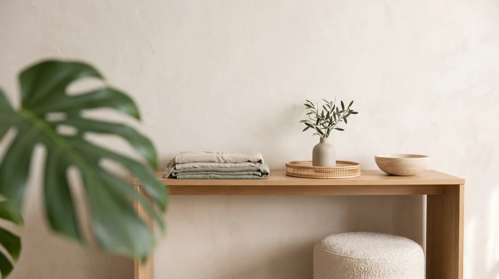 An oak console styled with linen, rattan, travertine and an olive branch