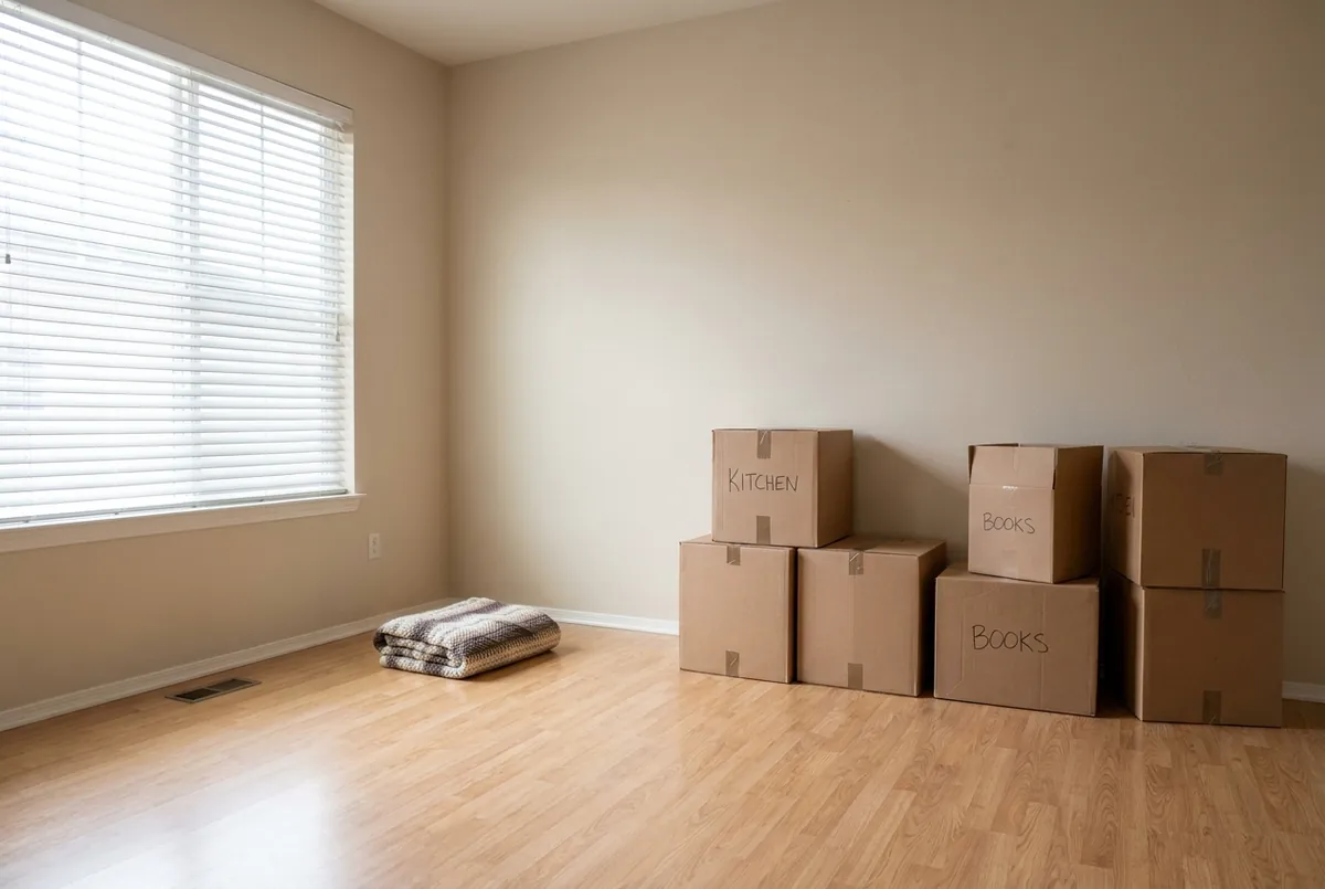 An empty living room the day after moving in: bare walls, light floor, moving boxes by the wall