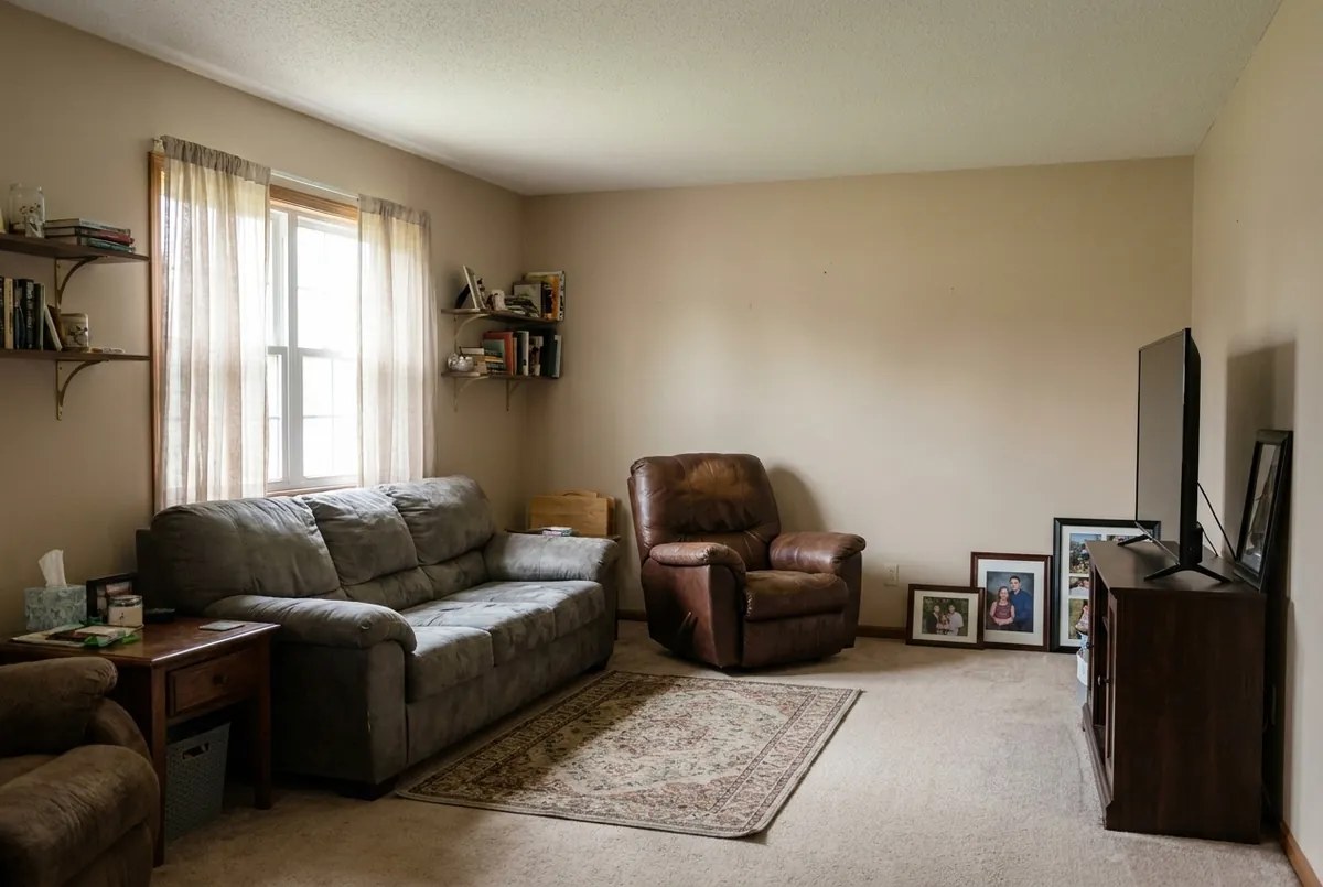 A lived-in living room with a grey sofa, a brown recliner, a small rug and framed photos leaning against the wall