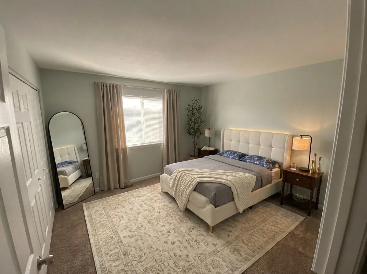 After: the same bedroom rendered in the classic elevated style, walls, windows and floor preserved