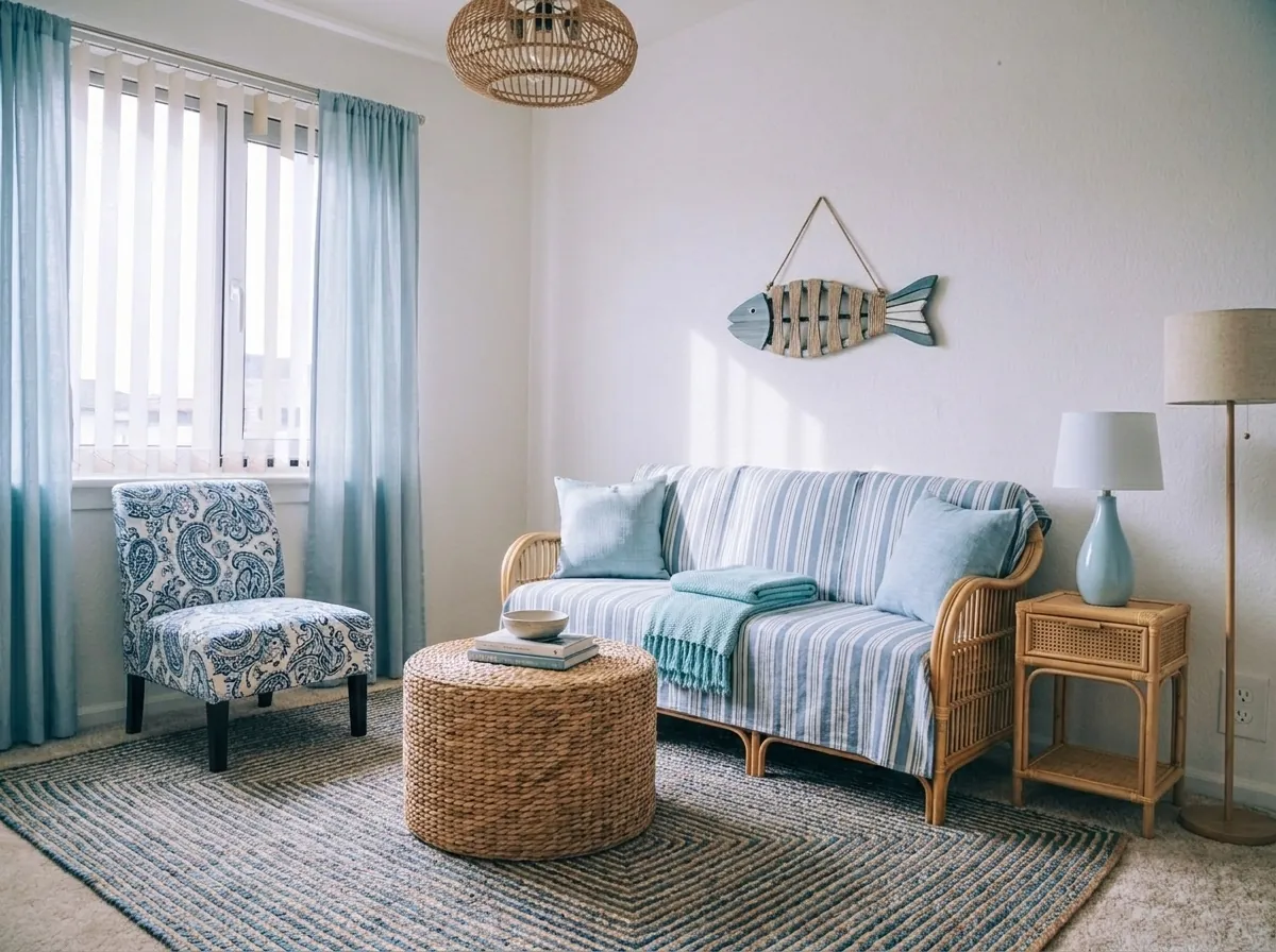 Coastal Soft living room rendered from one photo