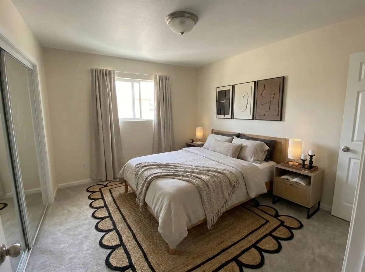 After: the same bedroom rendered in the japandi style, walls, windows and floor preserved