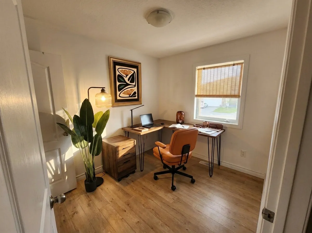 After: the same home office rendered in the mid century modern style, walls, windows and floor preserved