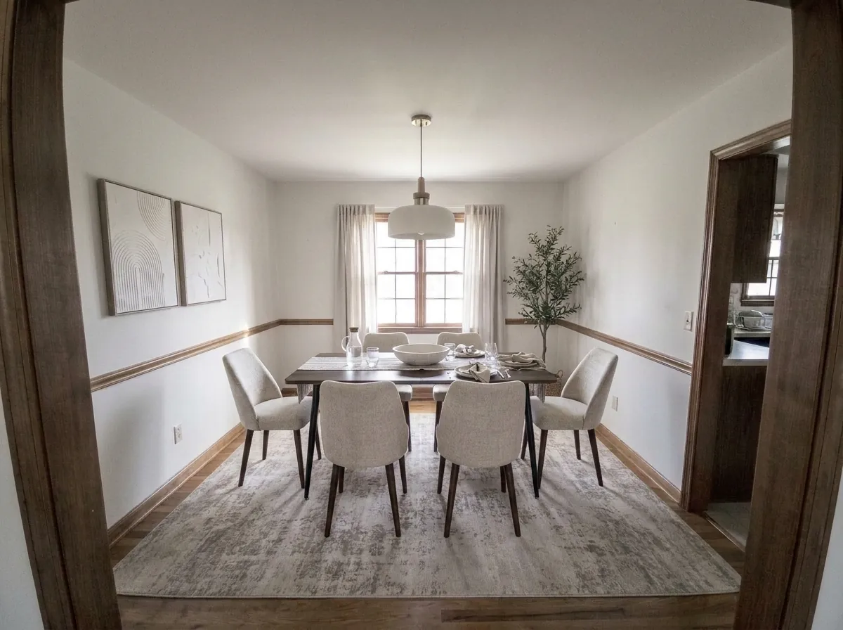 After: the same dining room rendered in the quiet luxury style, walls, windows and floor preserved