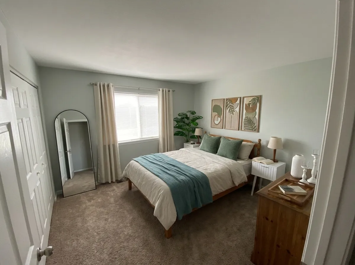 After: the same bedroom rendered in the scandinavian style, walls, windows and floor preserved