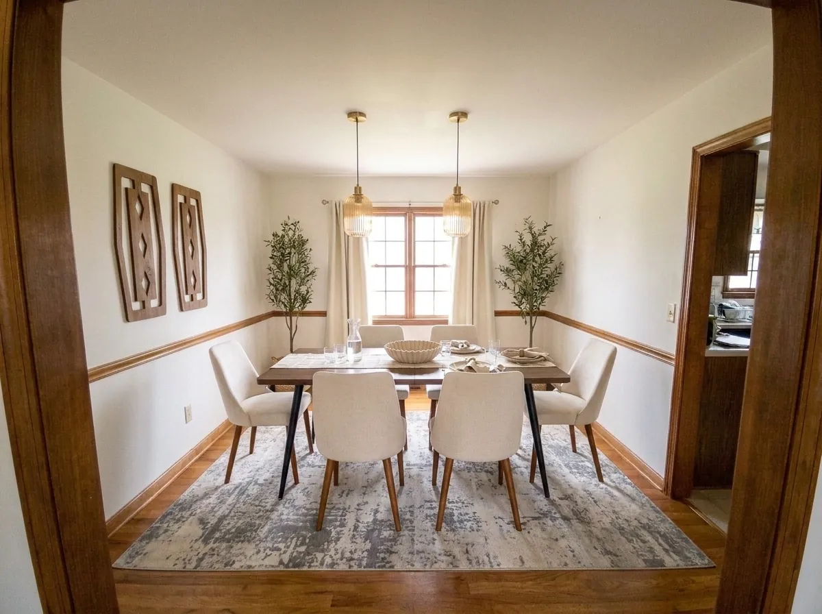 After: the same dining room rendered in the warm modern style, walls, windows and floor preserved